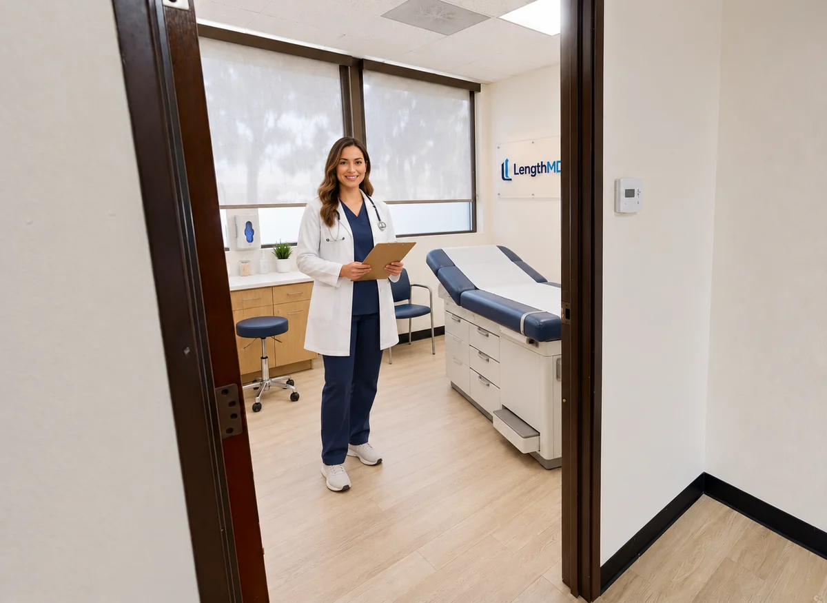 Medical room interior with navy upholstery, oak cabinetry, and a clinician holding a clipboard.